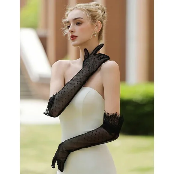 Women's Black Evening Long Lace Gothic Gloves Bridal Party Prom Costume - Picture 6 of 6